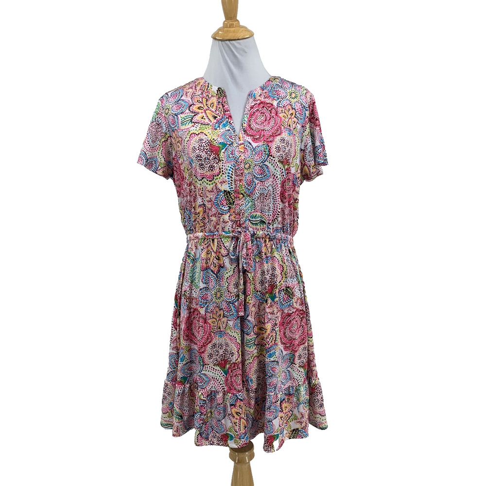 Robert Louis Dress Womens M Medium Multi Floral Motif Tie Waist V Neck Flounce